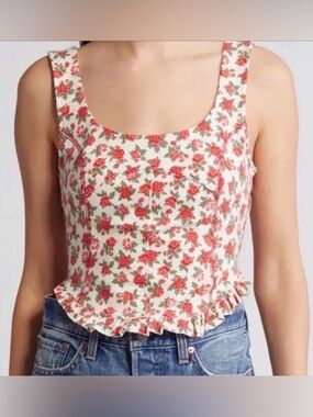 Free People Cream Tank Top with Red Rose Print